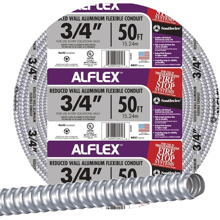 Southwire Flexible Metallic Conduit, 3/4 in Trade Size, 50 ft, Aluminum, Unfinished 55082305